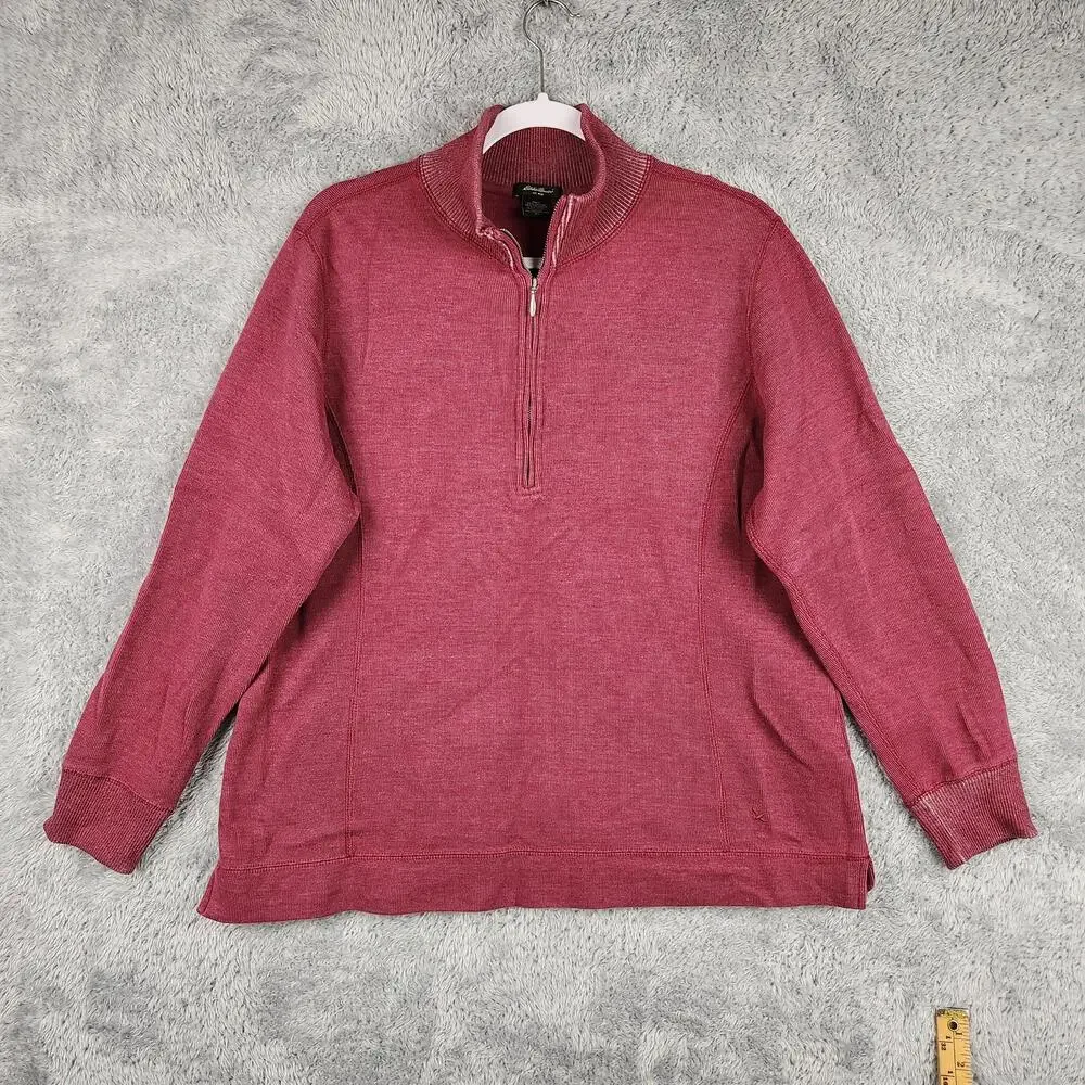 Eddie Bauer Sweater Mens XL Red Cotton Blend 1/4 Zip Mock Neck Knit Pullover